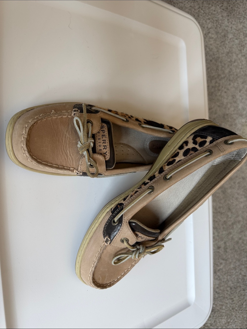 Sperry Tan Leather Moccasins with Leopard Print Panels